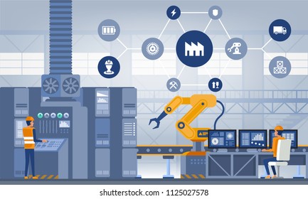 Industry 4.0 Smart factory concept. Workers, robot arms and assembly line. Technology vector illustration