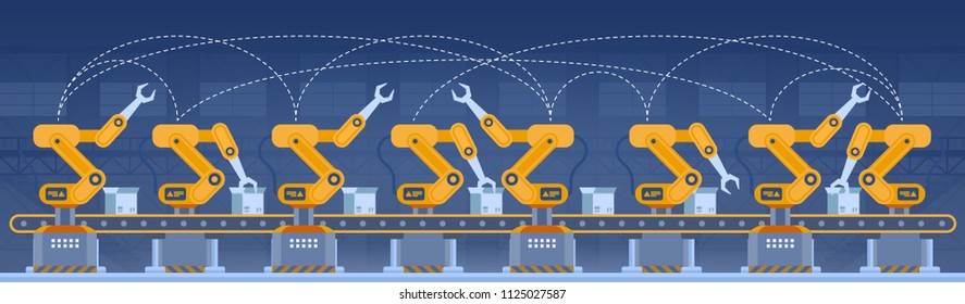 Industry 4.0 Smart factory concept. Workers, robot arms and assembly line. Technology vector illustration