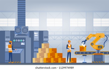 Industry 4.0 Smart factory concept. Workers, robot arms and assembly line. Technology vector illustration