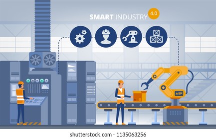 Industry 4.0 Smart factory concept. Workers, robot arms and assembly line. Technology vector illustration