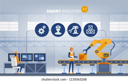 Industry 4.0 Smart Factory Concept. Workers, Robot Arms And Assembly Line. Technology Vector Illustration