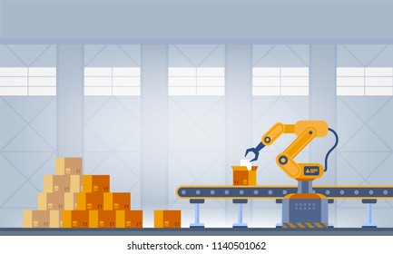 Industry 4.0 Smart factory concept. Workers, robot arms and assembly line. Technology vector illustration