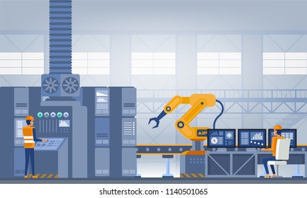 Industry 4.0 Smart factory concept. Workers, robot arms and assembly line. Technology vector illustration