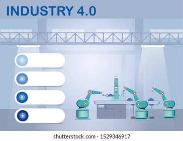 Industry 4.0 Smart factory concept showing robots working on assembly line in factory interior. Empty infographic white labels in blue shades are ready for your text.