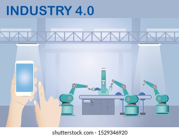 Industry 4.0 Smart factory wireless connection concept showing robots working on assembly line in factory interior and hands holding a smart phone with blank screen ready for your text.