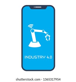 Industry 4.0 Technology. Icon on smartphone. Factory automation. Management production online. Flat style. Vector Illustration EPS 10