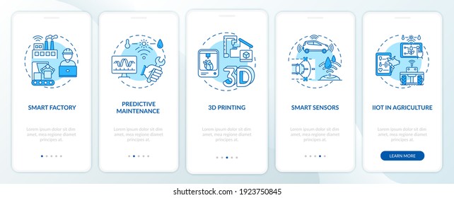 Tendencia de la industria 4.0 en el abordaje de la pantalla de la página de aplicaciones móviles con conceptos. Agricultura inteligente, impresión 3D, caminata de sensores de 5 pasos de instrucciones gráficas. plantilla de vector de interfaz de usuario con ilustraciones de color RGB