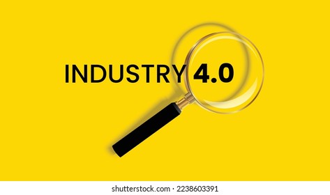 Industry 4.0 text with magnifying glass zomming 4.0 or searching concept.