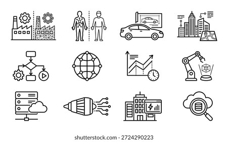 Conjunto de ícones vetoriais Industry 4.0. Automação, inteligência artificial, fábrica, soluções de rede, desenvolvimento e fabricação de tecnologia