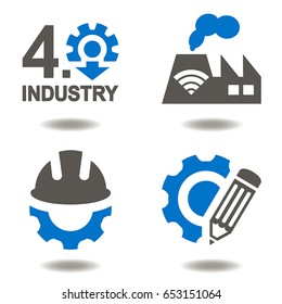 Industry 4.0 vector icon set. Industrial innovative information technologies illustrations. Smart factory integration. Automation Modernization Engineering in manufacture. AI IOT Development Learning.