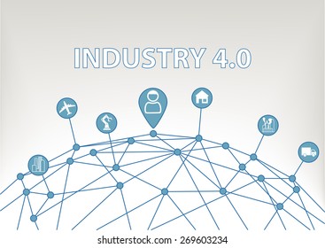 Industry 4.0 vector illustration background with world grid and consumer connected to devices like industrial plants, robots, transportation, airplanes and smart home