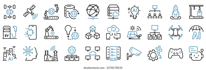 Industry 4.0 web line icons. industrial revolution, smart factory, digital transformation, smart machine, automation and technology.
