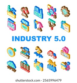 industry 5 automation robotics icons set vector. ai collaboration, innovation efficiency, sustainability personalization industry 5 automation robotics isometric sign illustrations