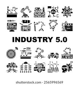 industry 5 automation robotics icons set vector. ai collaboration, innovation efficiency, sustainability personalization industry 5 automation robotics glyph pictogram Illustrations