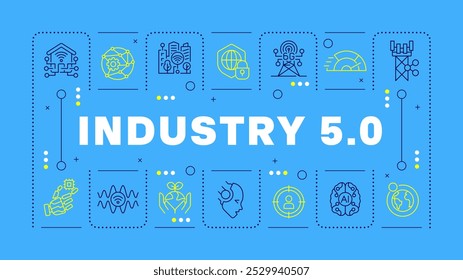 Conceito de palavra azul da indústria 5. Cidade inteligente. Internet de tudo. tecnologia 6G. Sustentabilidade. Imagem vetorial horizontal. Texto do título delimitado por ícones de estrutura de tópicos editáveis