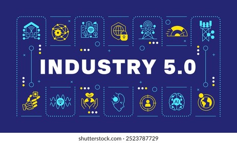 Indústria 5 conceito de palavra azul escuro. Cidade inteligente. Internet de tudo. tecnologia 6G. Sustentabilidade. Comunicação visual. Arte vetorial com texto alfabético, ícones de glifo editáveis