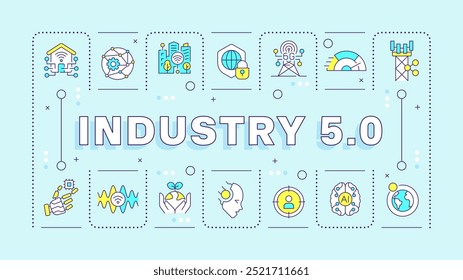 Indústria 5 conceito de palavra azul claro. Cidade inteligente. Internet de tudo. tecnologia 6G. Banner da tipografia. Ilustração vetorial com texto do título, cor dos ícones editáveis