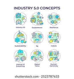 Ícones de conceito multi-cor relacionados à indústria 5. Revolução industrial. Tecnologias inteligentes. Resiliência e sustentabilidade. Pacote de ícones. Imagens vetoriais. Ilustrações de forma redonda. Ideia abstrata