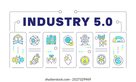 Indústria 5 palavra conceito isolado no branco. Cidade inteligente. Internet de tudo. tecnologia 6G. Banner ilustração criativa rodeado por ícones coloridos de linha editável
