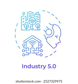 Icono de concepto de gradiente azul de la industria 5.0. Ciudad inteligente. Interacción hombre-máquina. Hogares conectados. IA avanzada. Ilustración de línea de forma redonda. Abstractas idea. Diseño gráfico. Fácil de usar en el artículo