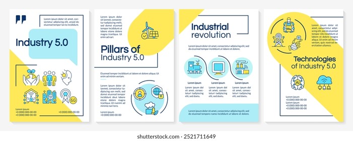 Industria 5.0 Plantilla de folleto azul y amarillo. Revolución del Industrial. Diseño de folleto con iconos lineales. 4 diseños de Vector editables para presentación, informes anuales