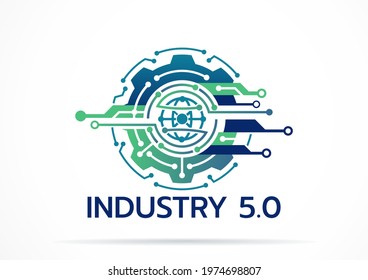 Industry 5.0 Concept Business Control or Logo, World Factory and Wheel Eclectic, Cyber Physical Systems concept,smart factory logo.