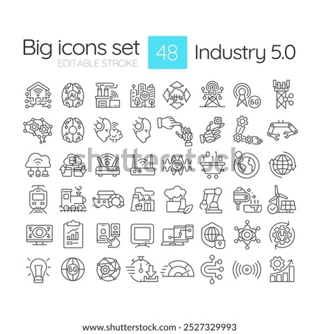 Industry 5.0 linear icons set. Artificial intelligence. Automation. Smart factories. Digital transformation. Customizable thin line symbols. Isolated vector outline illustrations. Editable stroke