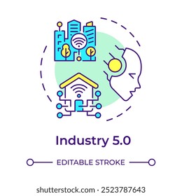 Ícone de conceito de várias cores do Industry 5.0. Cidade inteligente. Interação homem-máquina. Lares conectados. IA avançada. Ilustração de linha de forma redonda. Ideia abstrata. Design gráfico. Fácil de usar no artigo