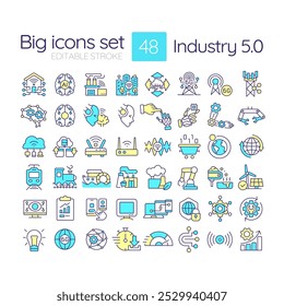 Industry 5.0 RGB color icons set. Artificial intelligence. Automation. Smart factories. Digital transformation. Isolated vector illustrations. Simple filled line drawings collection. Editable stroke