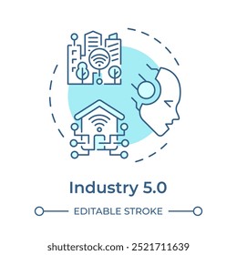 Ícone de conceito azul suave do Industry 5.0. Cidade inteligente. Interação homem-máquina. Lares conectados. IA avançada. Ilustração de linha de forma redonda. Ideia abstrata. Design gráfico. Fácil de usar no artigo