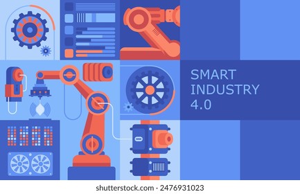 Fondo abstracto de la industria. Brazos robóticos y máquinas herramienta de diseño automático de color plano de fábrica. Digitalización de la fabricación con tecnología AI collage de dibujos animados creativos. Ilustración vectorial