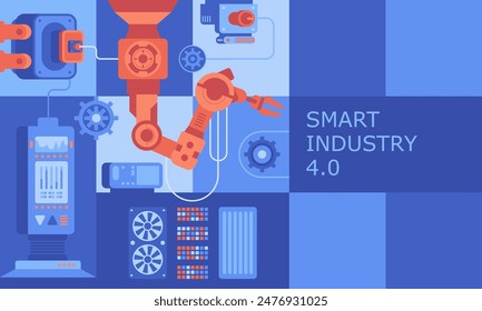 Fondo abstracto de la industria. Brazos robóticos y máquinas herramienta de diseño automático de color plano de fábrica. Digitalización de la fabricación con tecnología AI collage de dibujos animados creativos. Ilustración vectorial