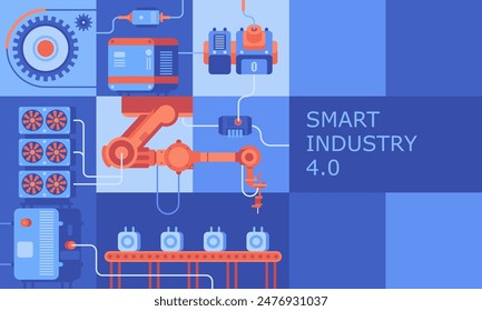 Industry abstract background. Robotic arms and machine tools of automated factory flat color design. Digitization of manufacture with AI technology creative cartoon collage. Vector illustration