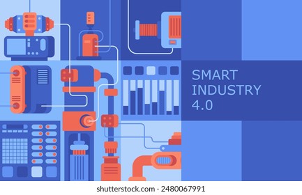 Abstrakter Hintergrund der Branche. Roboterarme und Werkzeugmaschinen mit automatisierter flacher Farbgestaltung. Digitalisierung der Herstellung mit KI-Technologie kreative Cartoon-Collage. Vektorillustration