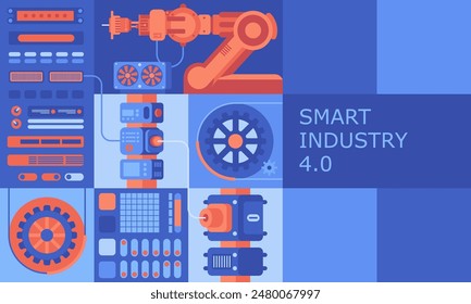 Industry abstract background. Robotic arms and machine tools of automated factory flat color design. Digitization of manufacture with AI technology creative cartoon collage. Vector illustration