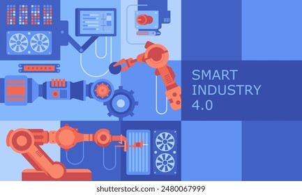 Abstrakter Hintergrund der Branche. Roboterarme und Werkzeugmaschinen mit automatisierter flacher Farbgestaltung. Digitalisierung der Herstellung mit KI-Technologie kreative Cartoon-Collage. Vektorillustration