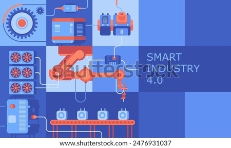 Industry abstract background. Robotic arms and machine tools of automated factory flat color design. Digitization of manufacture with AI technology creative cartoon collage. Vector illustration