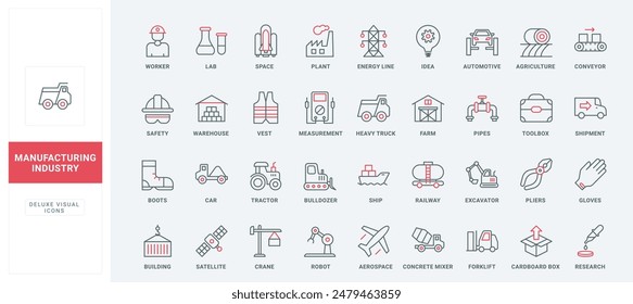 Conjunto de iconos de línea de industria y agricultura. Fabricación y construcción, transporte espacial y producción de energía, planta automatizada con robots finos símbolos de contorno negro y rojo Ilustración vectorial