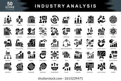 The Industry Analysis black icon set highlights tools and concepts used for strategic planning, market research, and competitive insight ideal for business strategy, forecasting, and reporting visuals