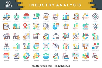 The Industry Analysis flat icon set highlights tools and concepts used for strategic planning, market research, and competitive insight ideal for business strategy, forecasting, and reporting visuals.