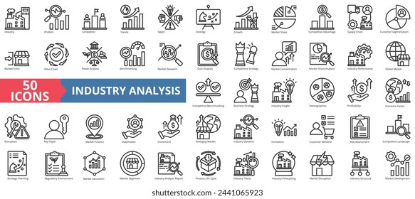 Conjunto de recopilación de iconos de análisis de industria. Conteniendo competidor, tendencias, swot, estrategia, crecimiento, cuota de mercado, icono de ventaja competitiva. Vector de línea simple.