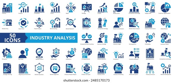 Conjunto de colecciones de iconos de análisis de industria. Conteniendo competidor, tendencias, swot, estrategia, crecimiento, cuota de mercado, icono de ventaja competitiva. Sencillo Vector plano.