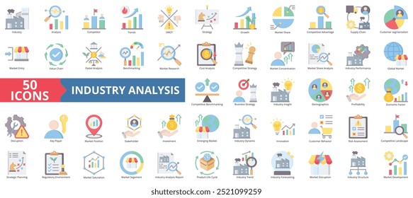 Conjunto de colecciones de iconos de análisis de la industria. Contiene competidor, tendencias, swot, estrategia, crecimiento, cuota de mercado, icono de ventaja competitiva. Ilustración de color plano simple.