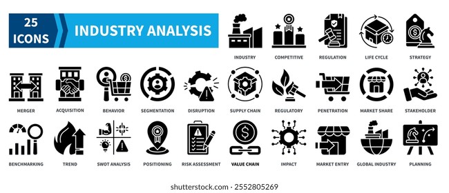 Industry Analysis icon collection set. Containing industry, competitive, regulation, product life cycle, pricing strategy, merger, segmentation, trend, swot analysis icon. Simple black fill vector.