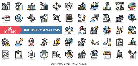 Industry analysis icon collection set. Containing competitor, trends, swot, strategy, growth, market share, competitive advantage icon. Simple flat outline color illustration