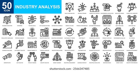 Industry Analysis icon collection set. Market performance, Forecasting, market research, market trends, sales marketing icon. Simple line vector.