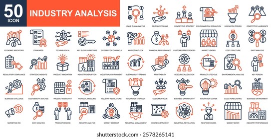Industry Analysis icon collection set. Market performance, Forecasting, market research, market trends, sales marketing icon. Simple line color vector.	