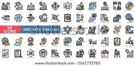 Industry analysis icon collection set. Containing competitor, trends, swot, strategy, growth, market share, competitive advantage icon. Simple flat outline color illustration