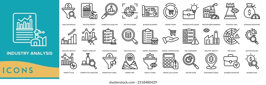 Industry analysis icon. Analysis Pipeline, Industry Report, Competitive Analysis, Sector Scanner and Business Blueprint