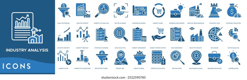 Industry analysis icon. Analysis Pipeline, Industry Report, Competitive Analysis, Sector Scanner and Business Blueprint
